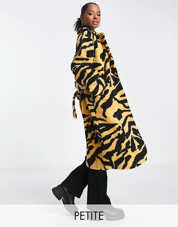 Pieces Petite exclusive longline teddy coat in yellow animal